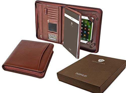 Professional Executive Business Resume Portfolio Padfolio Organizer PU Leather iPad & iPad mini ready for use - Tablet Sleeve, Zipper, Paper Pad, Business Card and Pen Holders, Document Folder - Brown