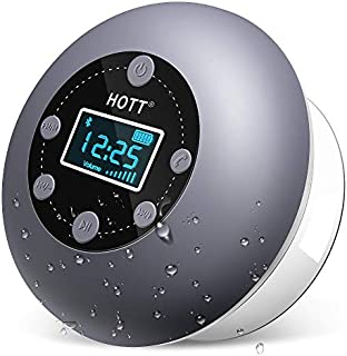 Shower Speaker, Bluetooth Shower Speaker Water Resistant with LCD Clock Display, Loud HD Sound, Suction Cup, HOTT Shower Radio with 10H Playtime, FM, SD Card, Microphone, Free Call for iPhone