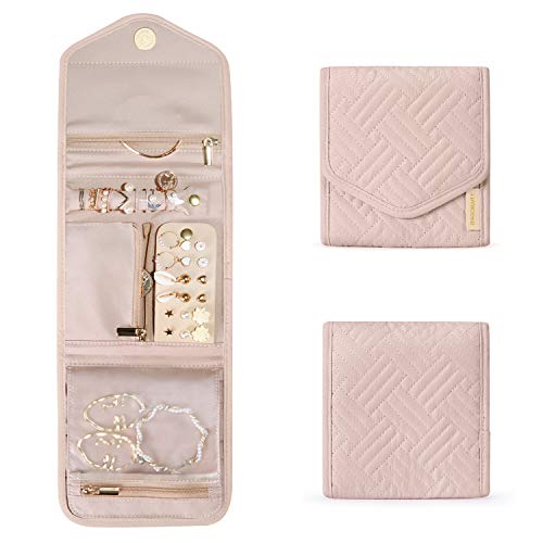 BAGSMART Travel Jewelry Organizer Case Foldable Jewelry Roll for Journey-Rings, Necklaces, Earrings, Bracelets, Soft Pink