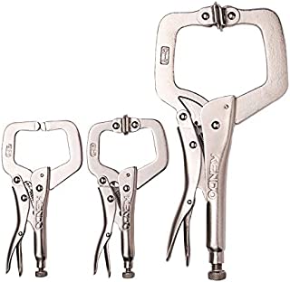 KENDO 3-Pieces Heavy Duty Locking C-Clamp Set, Chrome Vanadium Nickel Plated C-Pliers Set Consists of 6 Regular + 6 Swivel + 11 Swivel Tips, Roll-up Storage Pouch Included