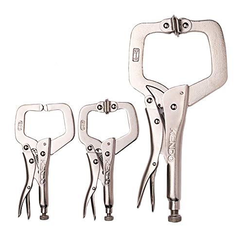 KENDO 3-Pieces Heavy Duty Locking C-Clamp Set, Chrome Vanadium Nickel Plated C-Pliers Set Consists of 6 Regular + 6 Swivel + 11 Swivel Tips, Roll-up Storage Pouch Included