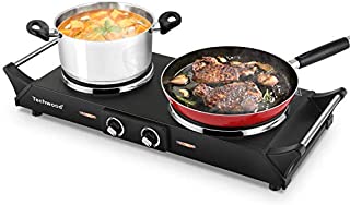 Techwood Hot Plate Electric Single Burner 1800W Portable Burner for Cooking with Adjustable Temperature & Stay Cool Handles, Non-Slip Rubber Feet, Black Stainless Steel Easy To Clean, Compatible for All Cookwares ES-3203