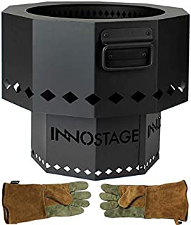 INNO STAGE Patented Smokeless Fire Bowl Pit for Outdoor Wood Pellet Burning Spark, Firepit Grill of Fireplace Stove for Picnic Camping Cooking on Beach - L Size with Khaki Gloves