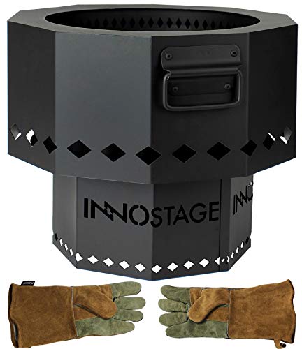 INNO STAGE Patented Smokeless Fire Bowl Pit for Outdoor Wood Pellet Burning Spark, Firepit Grill of Fireplace Stove for Picnic Camping Cooking on Beach - L Size with Khaki Gloves