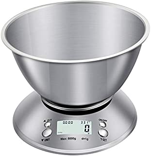 AQwzh Food Scale with Bowl, Digital Kitchen Weight for Cooking, Baking and Dieting,11lb/5kg, LCD Display, 5kg, silver