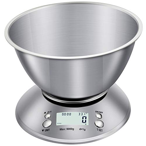 AQwzh Food Scale with Bowl, Digital Kitchen Weight for Cooking, Baking and Dieting,11lb/5kg, LCD Display, 5kg, silver