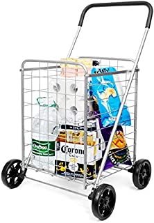 supenice Grocery Utility Shopping Cart - Deluxe Utility Cart with Oversized Basket and Tool Free Installation Light Weight Folding Cart with Wide Cushion Handle Bar for Laundry Book Luggage Travel