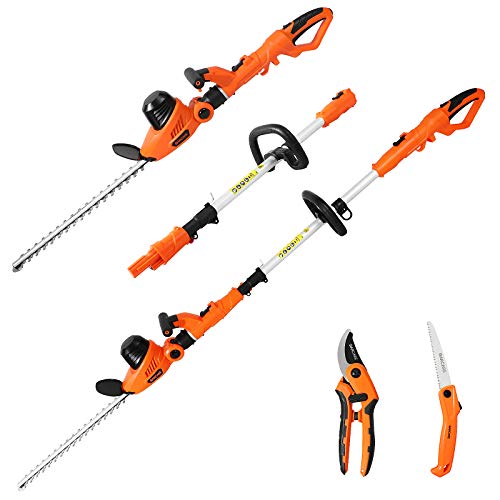 GARCARE Electric Hedge Trimmers 4.8A Pole Hedge Trimmer Corded | Hedge Clippers | Tree Trimmer, 4 in 1 Set- Folding Pruning Saw & Pruning Shears Included, 20inch Laser Cut Blade