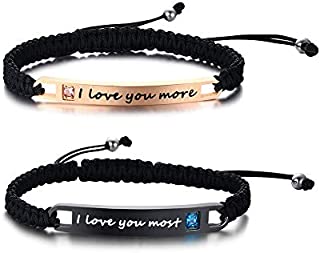 Engraved I love you more & I love you most Adjustable Handmade Braided Rope Matching Couples Distance ID Bracelets Set Gifts for Couples