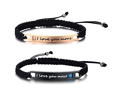 Engraved I love you more & I love you most Adjustable Handmade Braided Rope Matching Couples Distance ID Bracelets Set Gifts for Couples