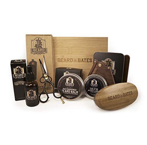 BEARD & BATES | The Ultimate Beard Kit | Premium Beard Balms, Organic Beard Oil, Luxury Folding Comb, Engraved Leather Pouch, Handmade Scissors and Scabbard, Boars Bristle Brush, Handmade Wooden Box