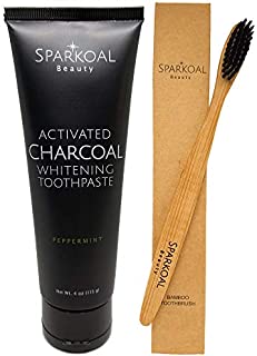 Activated Charcoal Teeth Whitening Toothpaste - USA Made Charcoal Toothpaste - BONUS Bamboo Toothbrush - Natural Toothpaste Fluoride Free - Organic Coconut Oil and Tooth Whitening