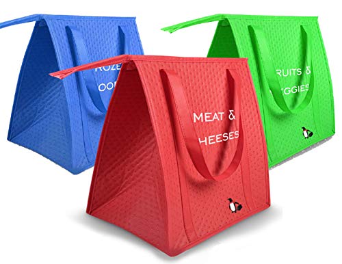 3 Pack Insulated Reusable Grocery Shopping Bags with Zippered Top, Collapsible Thermal Tote