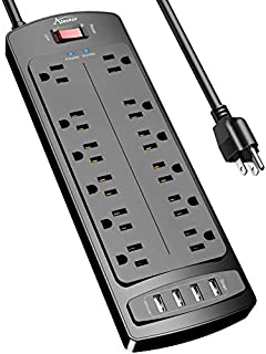 Power Strip , Alestor Surge Protector with 12 Outlets and 4 USB Ports, 6 Feet Extension Cord (1875W/15A) for for Home, Office, 2700 Joules, ETL Listed, - Black