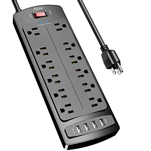 Power Strip , Alestor Surge Protector with 12 Outlets and 4 USB Ports, 6 Feet Extension Cord (1875W/15A) for for Home, Office, 2700 Joules, ETL Listed, - Black