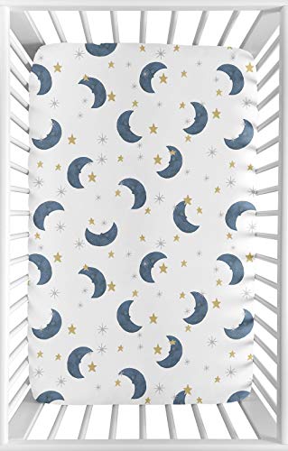 Sweet Jojo Designs Moon and Star Boy or Girl Fitted Mini Crib Sheet Baby Nursery for Portable Crib or Pack and Play - Navy Blue and Gold Watercolor Celestial Sky