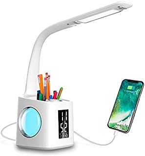 Wanjiaone Study LED Desk Lamp with USB Charging Port&Screen&Calendar&Color Night Light, Kids Dimmable LED Table Lamp with Pen Holder&Clock, Desk Reading Light for Students,10W