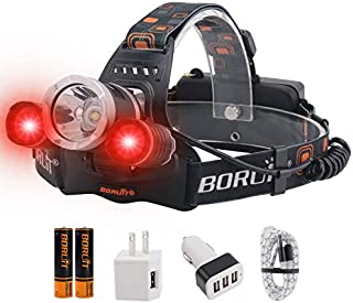 BORUIT LED Headlamp - Ultra Bright 5000 Lumens, 3 Lighting Modes,White & Red LEDs, IPX4 Water Resistant, USB Rechargeable Head Lamp Perfect for Running, Camping, Hiking & More