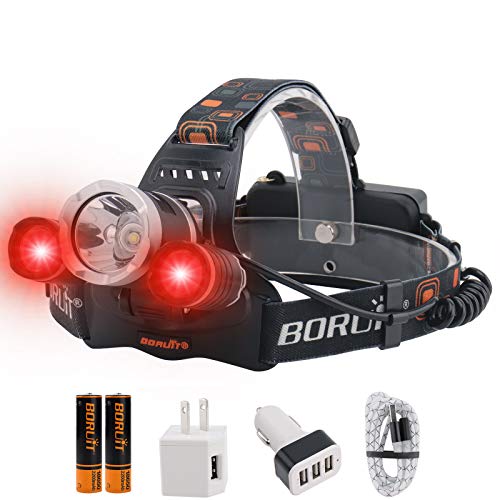 BORUIT LED Headlamp - Ultra Bright 5000 Lumens, 3 Lighting Modes,White & Red LEDs, IPX4 Water Resistant, USB Rechargeable Head Lamp Perfect for Running, Camping, Hiking & More