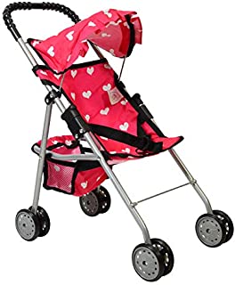 The New York Doll Collection My First Doll Stroller with Basket & Heart Design Foldable Doll Stroller, Pink