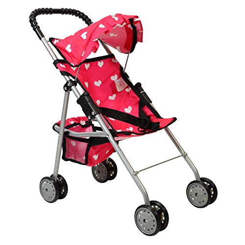 The New York Doll Collection My First Doll Stroller with Basket & Heart Design Foldable Doll Stroller, Pink