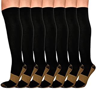 Elloevn 7 Pairs Copper Compression Socks for Men & Women 15-20mmHg Knee High Compression Socks Comfortable Fit for Nurses, Athletic, Running, Flying, Travel(Black, L/XL)