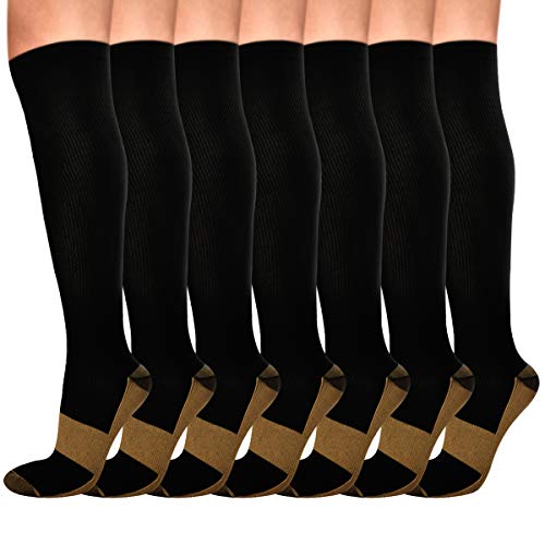 Elloevn 7 Pairs Copper Compression Socks for Men & Women 15-20mmHg Knee High Compression Socks Comfortable Fit for Nurses, Athletic, Running, Flying, Travel(Black, L/XL)