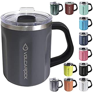 VOLCAROCK Stainless Steel Coffee Mug Cup with Handle, 16 oz Double Wall Vacuum Insulated Travel Mug Tumbler With Clear Slider Lid, Insulated Camping Tea Flask for Hot & Cold Drinks (Black)