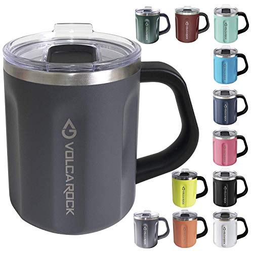 VOLCAROCK Stainless Steel Coffee Mug Cup with Handle, 16 oz Double Wall Vacuum Insulated Travel Mug Tumbler With Clear Slider Lid, Insulated Camping Tea Flask for Hot & Cold Drinks (Black)