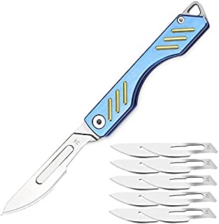 edcfans Titanium Folding Pocket Knife Replaceable Blade, Skinning Knives for Outdoor Hunting, Utility Knife EDC Keychain, Scalpel Knife with 10 Razor Sharp Surgical #24 Carbon Steel Replacement Blades