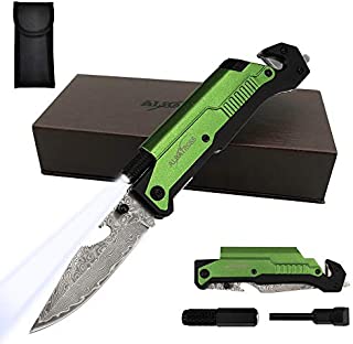 ALBATROSS 6-in-1 Modern Damascus Steel Folding Pocket Knives with LED Light,Seatbelt Cutter,Glass Breaker,Magnesium Fire Starter,Bottle Opener;Multi-Function Emergency Tool(Green)