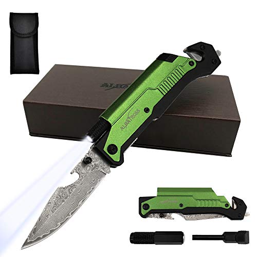 ALBATROSS 6-in-1 Modern Damascus Steel Folding Pocket Knives with LED Light,Seatbelt Cutter,Glass Breaker,Magnesium Fire Starter,Bottle Opener;Multi-Function Emergency Tool(Green)