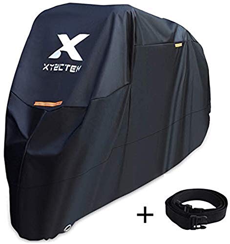 XYZCTEM Motorcycle Cover -Waterproof Outdoor Storage Bag,Made of Heavy Duty Material Fits up to 97 inch, Compatible with Harley Davison and All Motors(Black& Lockholes& Professional Windproof Strap)