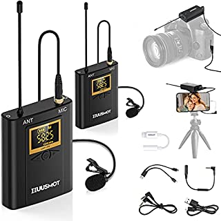 Wireless Lavalier Microphone System - HUUSMOT Wireless Mic System with Dual Lavalier Lapel Microphone and One Mini Rechargeable Receiver 1/4