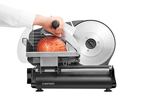 Chefman Die-Cast Electric Deli & Food Slicer, Cuts Meat, Cheese, Bread, Fruit & Vegetables, Adjustable Slice Thickness, Stainless Steel Blade, Safe Non-Slip Feet, For Home Use, Easy To Clean, Black