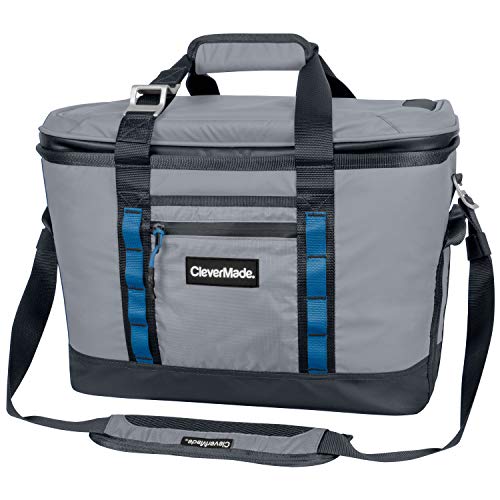 CleverMade Maverick Collapsible Cooler Bag - 50 Can Insulated Leakproof Soft Sided Beverage Tote with Shoulder Strap, Bottle Opener and Storage Pockets, Grey, Large, One Size