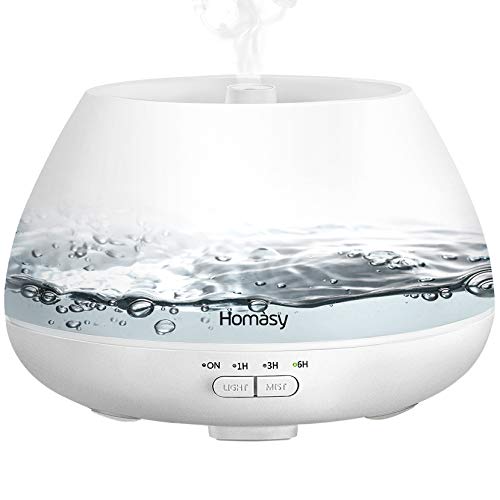 Homasy Essential Oil Diffuser, 500ml Aroma Diffuser Humidifier for Large room with Timer, Fragrant Oil Humidifier Vaporizer with 8 LED Colors and Waterless Auto Shut-off for Home Office Bedroom-White
