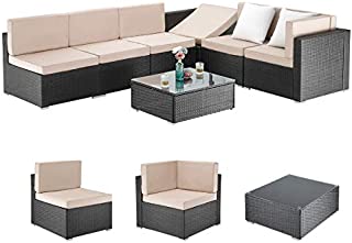 PAMAPIC 7 Pieces Outdoor Sectional, Wicker Patio Sectional Sofa Conversation Set, Rattan Sofa with Coffee Table and Washable Cushions Covers, Beige