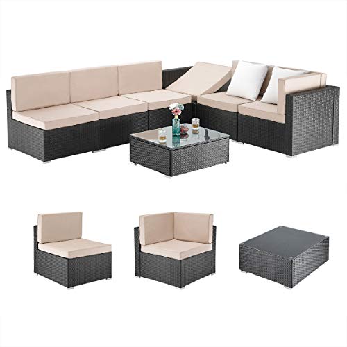 PAMAPIC 7 Pieces Outdoor Sectional, Wicker Patio Sectional Sofa Conversation Set, Rattan Sofa with Coffee Table and Washable Cushions Covers, Beige