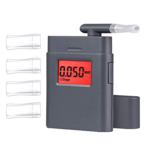 Breathalyzer, Digital Breath Alcohol Tester Portable with 5 Mouthpieces, Real-Time Red Backlight Digital LCD Screen with Audible Alert, Clock, Grey