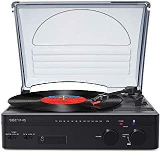 Record Player with Speakers Bluetooth Turntable with FM Stereo Radio Belt-Driven Vinyl Record Player 3-Speed Vintage Portable LP Phonograph Player