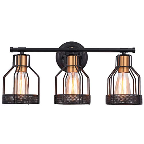 Pauwer Industrial Bathroom Vanity Light Metal Cage Wall Sconce Edison Vintage Wall Light Fixture for Bathroom (3-Light Vanity Light)