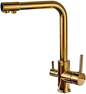 NZ-CJ Gold 3-Way Water Filter Kitchen Faucet, 2 Levers 360 ° Swiveling Kitchen Faucet Sink Faucet, Mixer Tap Sink Fitting Drinking Water Systems Made of Brass