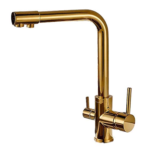 NZ-CJ Gold 3-Way Water Filter Kitchen Faucet, 2 Levers 360 ° Swiveling Kitchen Faucet Sink Faucet, Mixer Tap Sink Fitting Drinking Water Systems Made of Brass