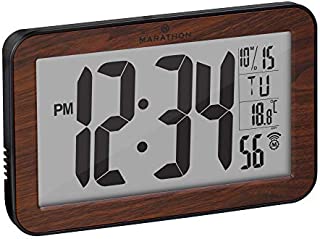 Marathon Commercial Grade Panoramic Autoset Atomic Digital Wall Clock with Table or Desk Stand, Date, and Temperature, 8 Time Zone, Auto DST, Self Setting, Self Adjusting, Batteries Included (Wood)