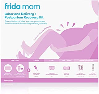 Frida Mom Hospital Packing Kit for Labor, Delivery, & Postpartum | Nursing Gown, Socks, Peri Bottle, Disposable Underwear, Ice Maxi Pads, Pad Liners, Perineal Foam, Toiletry Bag (15 Piece Gift Set)