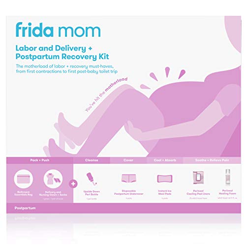 Frida Mom Hospital Packing Kit for Labor, Delivery, & Postpartum | Nursing Gown, Socks, Peri Bottle, Disposable Underwear, Ice Maxi Pads, Pad Liners, Perineal Foam, Toiletry Bag (15 Piece Gift Set)