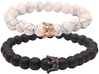 UEUC Distance Couple Bracelets with CZ Crown King&Queen Black&White Howlite 8mm Beads Bracelet