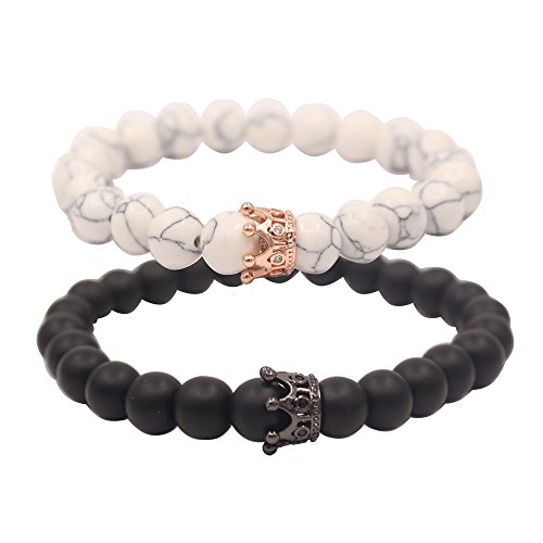 UEUC Distance Couple Bracelets with CZ Crown King&Queen Black&White Howlite 8mm Beads Bracelet