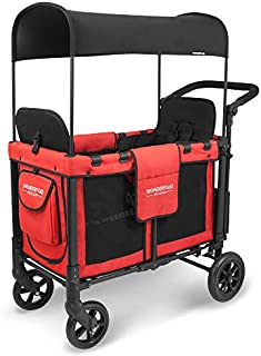 WONDERFOLD W2 Multi-Function 2 Passenger Push/Pull Folding Stroller Wagon with Adjustable & Removable Canopy, 5-Point Harnesses, and One-Step Foot Brake (Poppy Red)